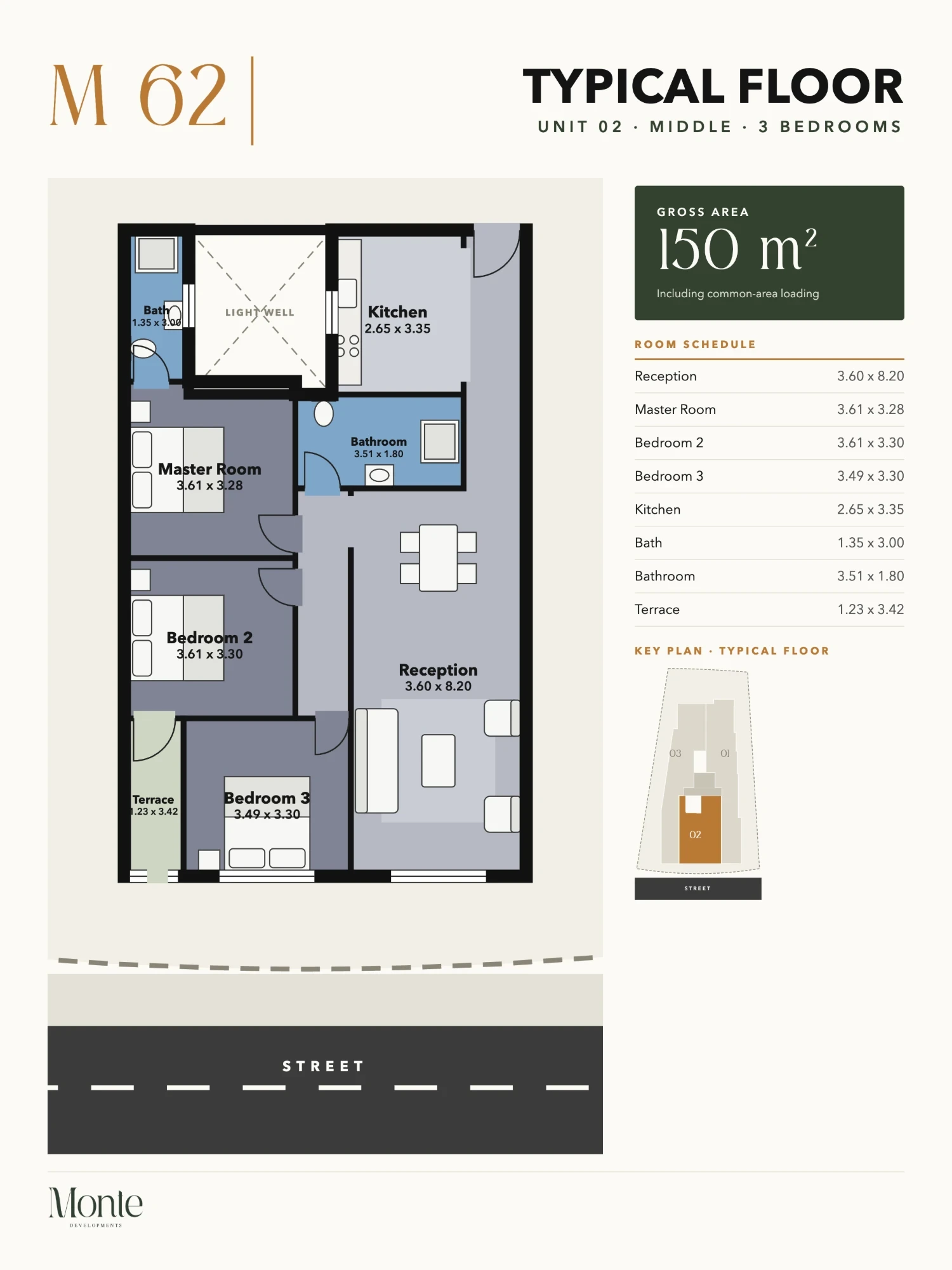 Floor plan — 150 m² 3-bedroom apartment at M62